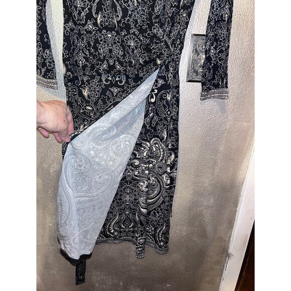 Ann Taylor Black White Tan Faux Wrap Midi Dress – Size 8 Professional Office - Picture 6 of 13